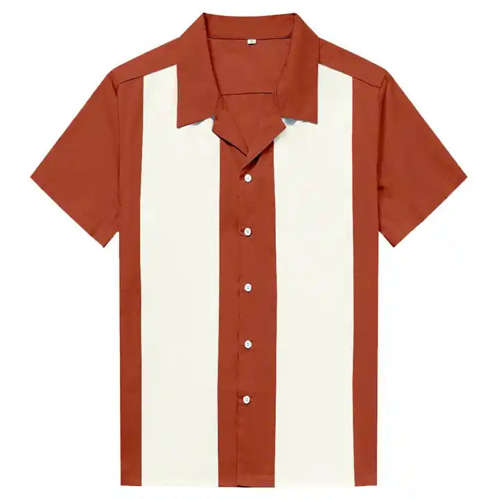 Mens Vintage Style Bowling Dress Shirt - Rust/Ivory