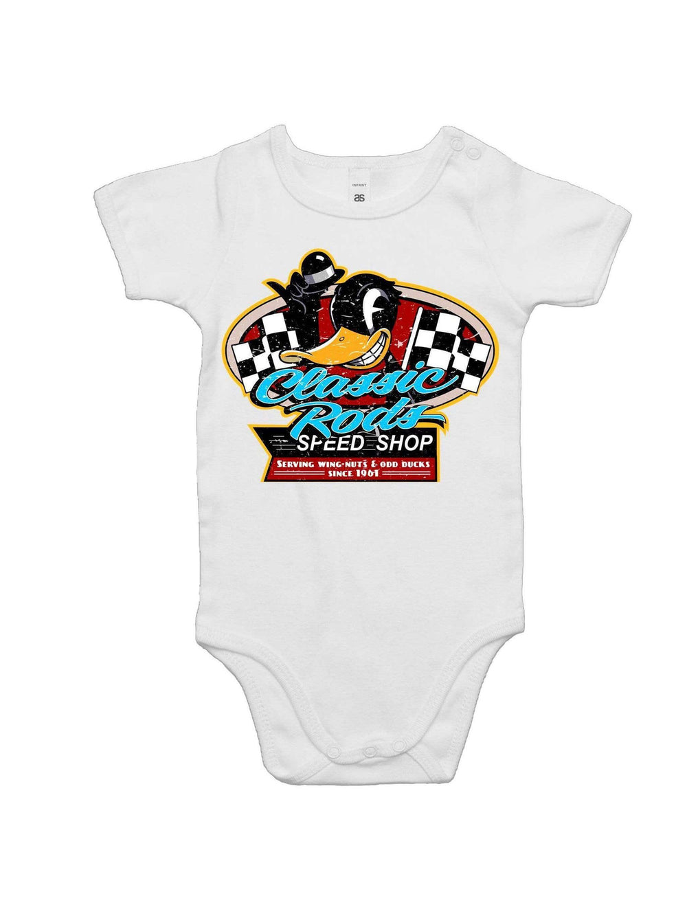 Classic rods speed shop baby romper – rockabilly hot rod baby onesie – rockabilly babies for kids Australia – front view