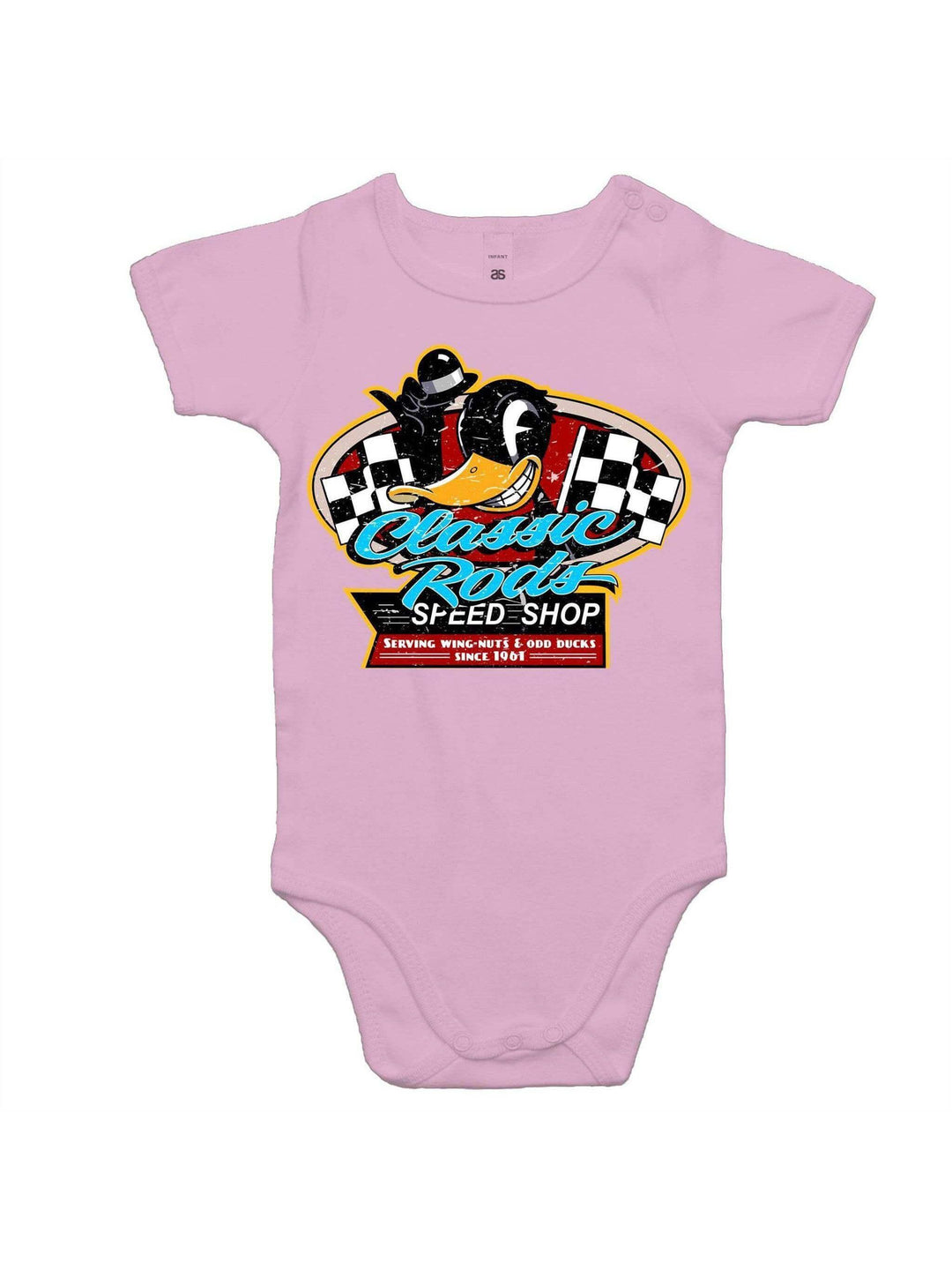 Classic rods speed shop baby romper – rockabilly hot rod baby onesie – rockabilly babies for kids Australia – side view