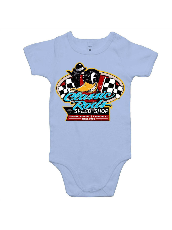 Classic rods speed shop baby romper – rockabilly hot rod baby onesie – rockabilly babies for kids Australia – detail view
