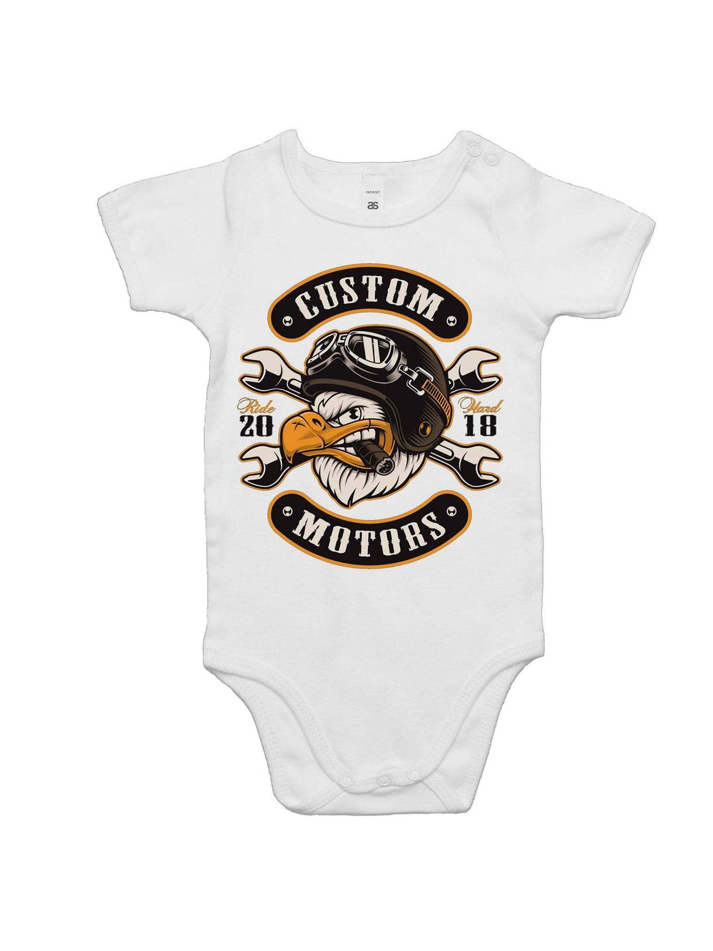 Custom motors baby romper – hot rod rockabilly baby onesie – rockabilly babies for kids Australia – front view