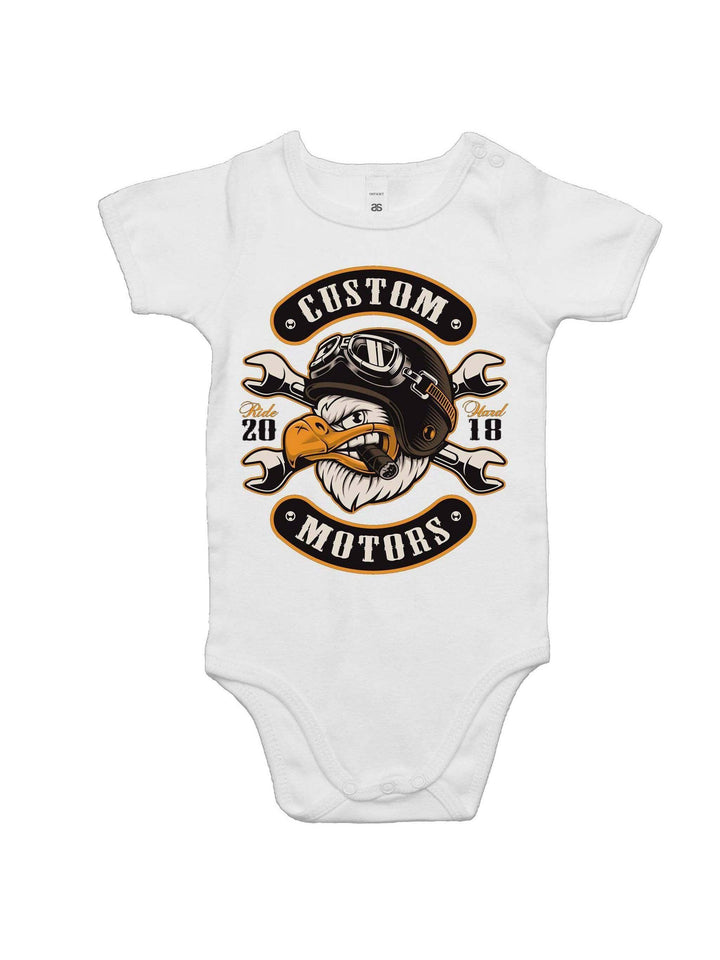 Custom motors baby romper – hot rod rockabilly baby onesie – rockabilly babies for kids Australia – front view
