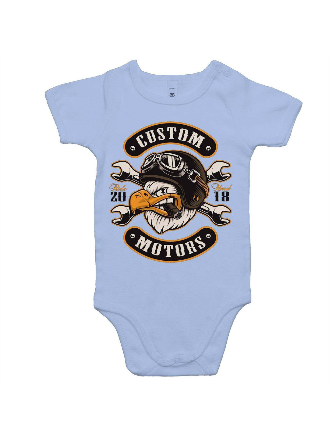 Custom motors baby romper – hot rod rockabilly baby onesie – rockabilly babies for kids Australia – detail view