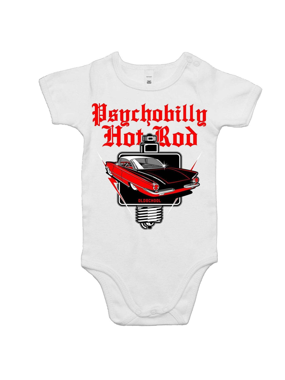 Psychobilly hot rod baby romper – rockabilly classic car baby onesie – rockabilly babies for kids Australia – front view