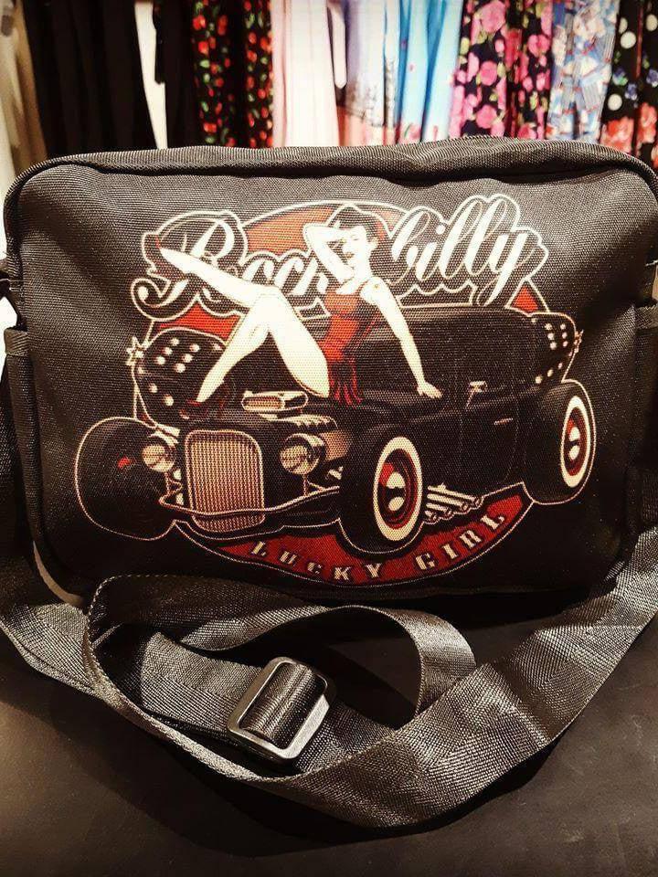 Unisex crossbody nylon satchel bag rockabilly lucky girl – rockabilly bags unisex Australia – back view