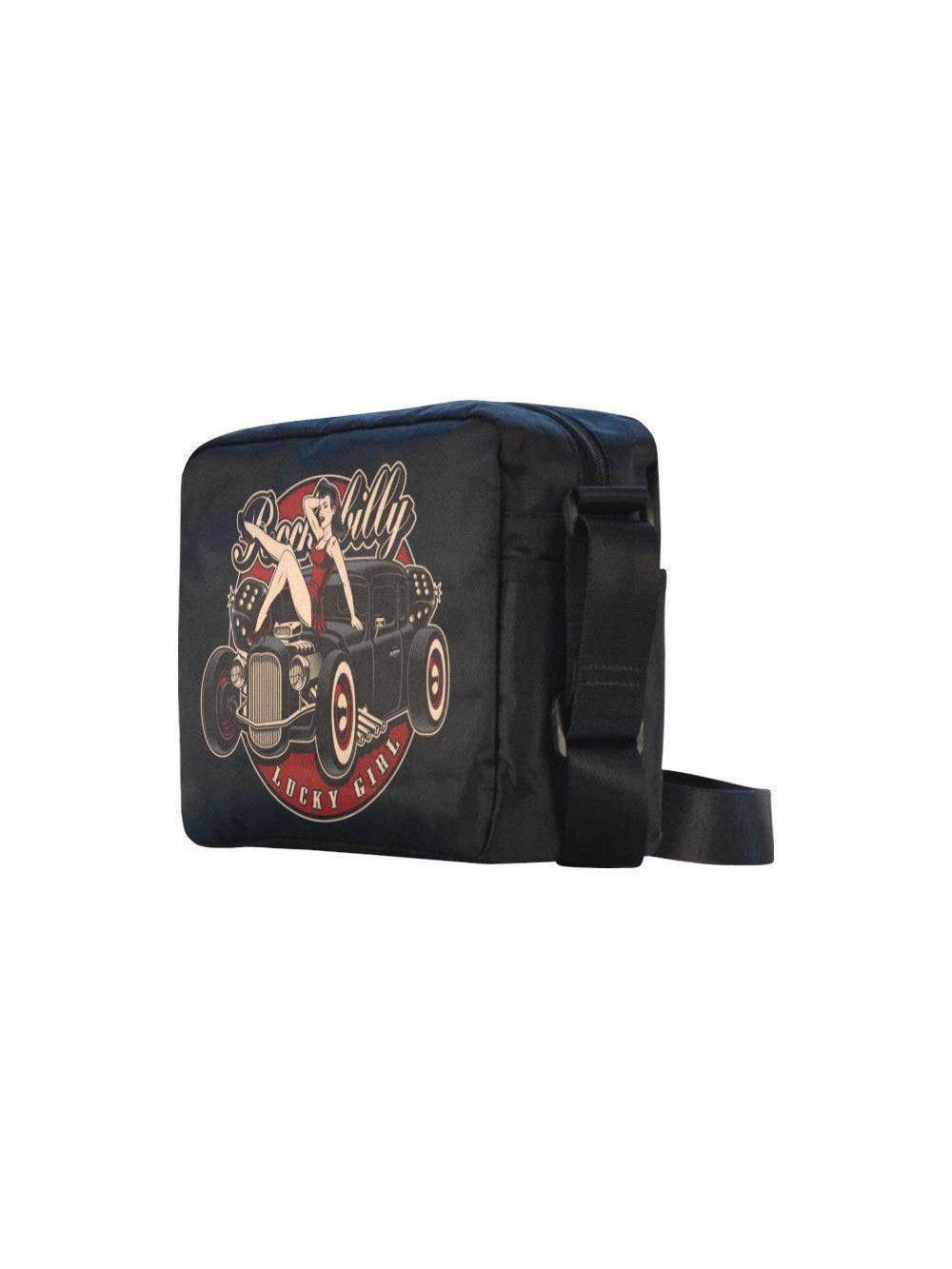 Unisex crossbody nylon satchel bag rockabilly lucky girl – rockabilly bags unisex Australia – detail view