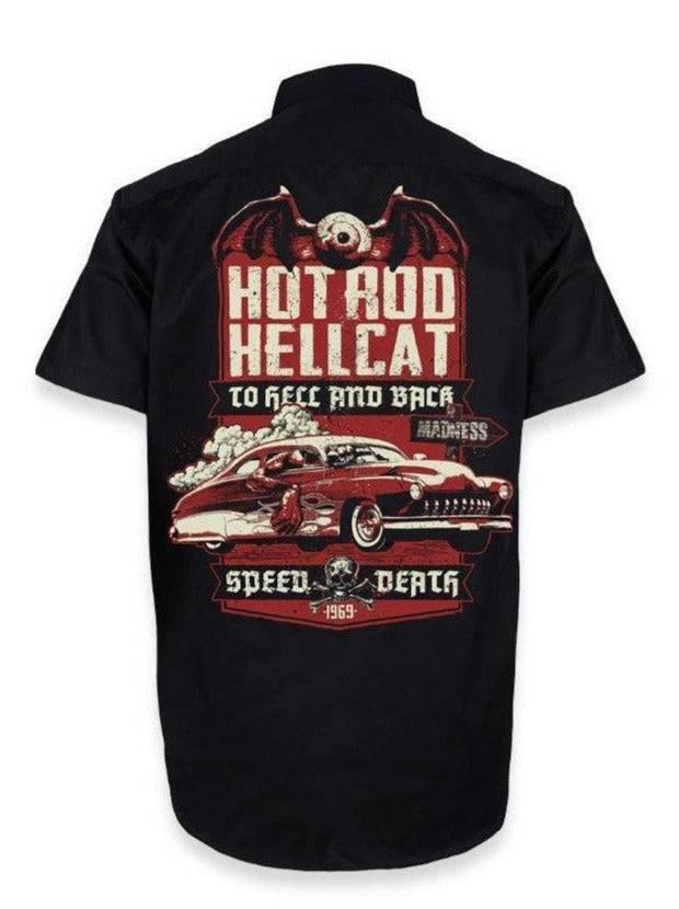 Hotrod Hellcat speed death mens work shirt button up cotton rockabilly black back print hotrod shirt