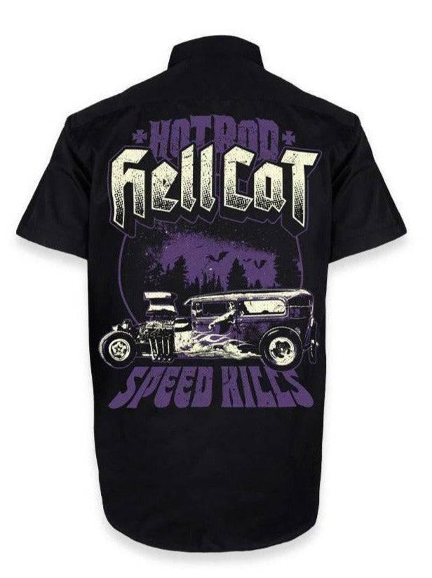 Hotrod Hellcat speed kills mens work shirt button up cotton rockabilly black purple back print shirt