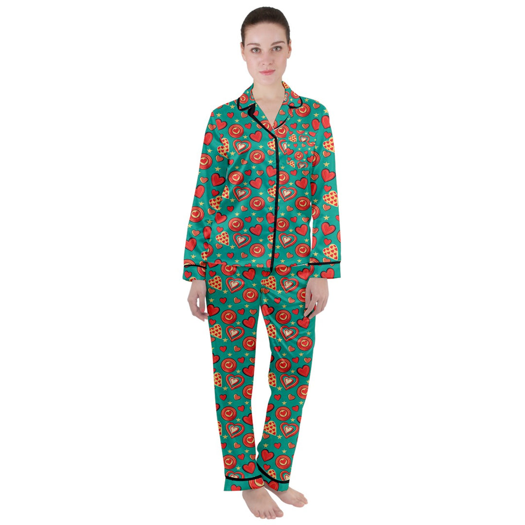 Retro Hearts Women's Long Sleeve Satin Pyjamas Set