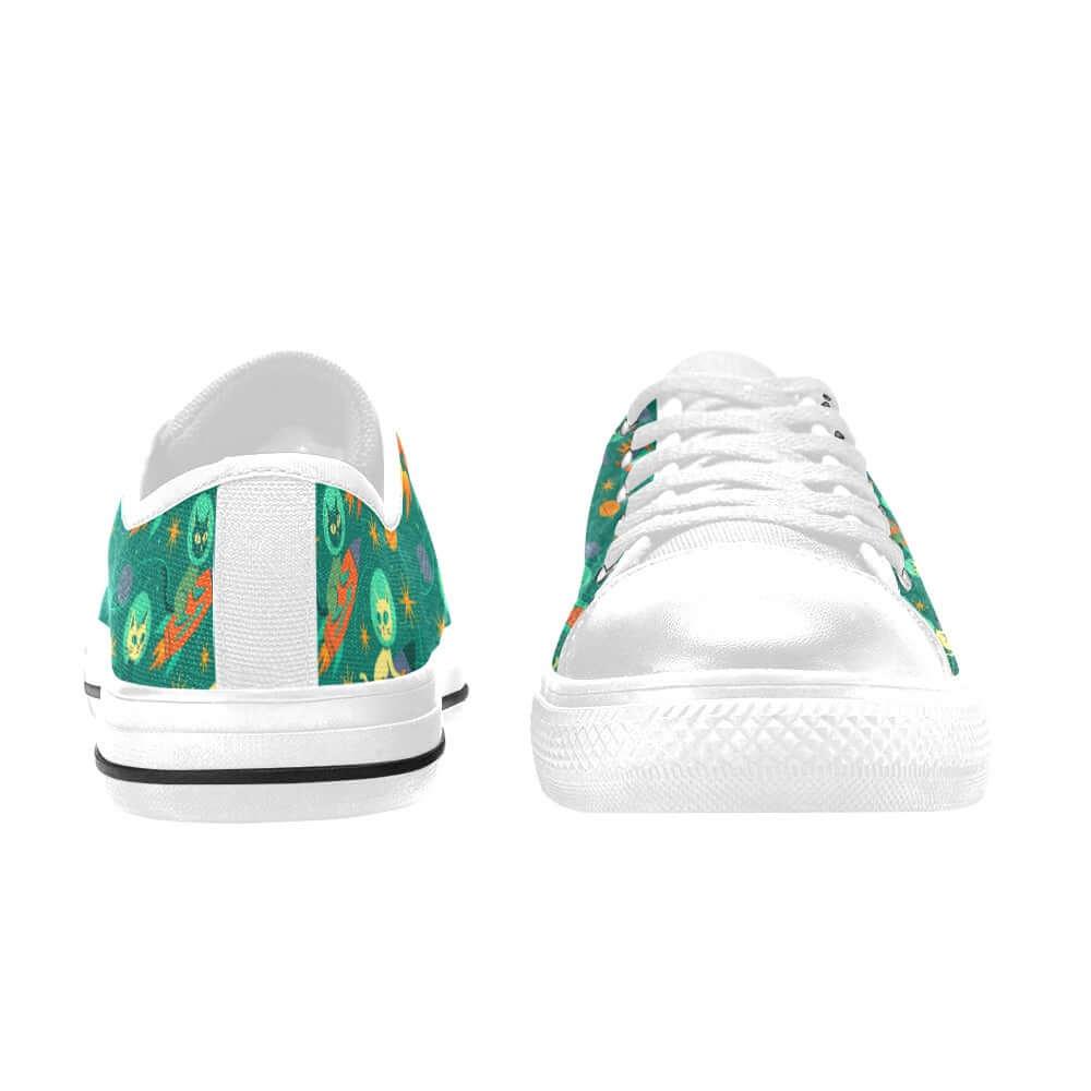 Rocket Cats Kids Sneakers featuring vibrant space cat design on a teal background, lace-up closure and durable rubber outsole.