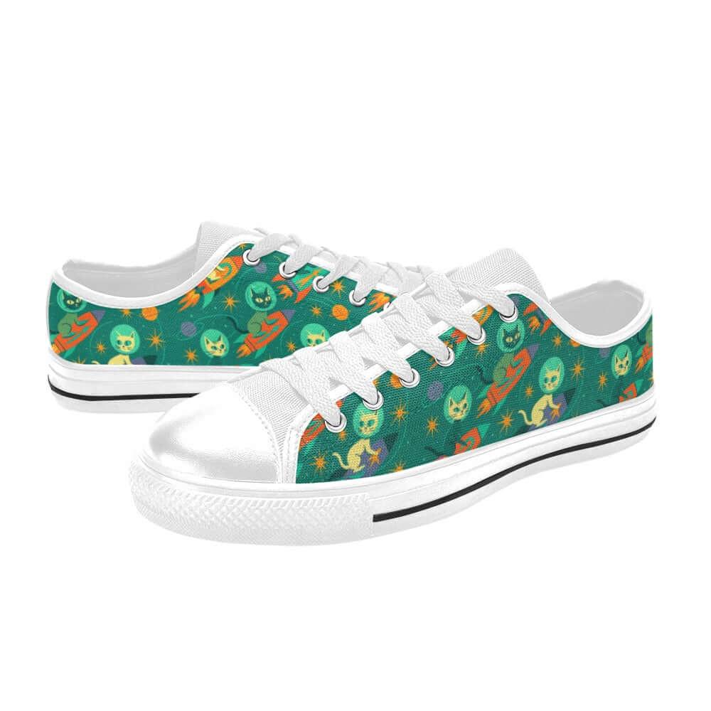 Rocket Cats Kids Sneakers featuring retro space cat design with rocket ships and stars, perfect for imaginative young explorers.