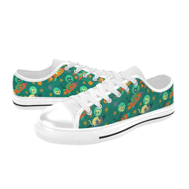 Rocket Cats Kids Sneakers featuring retro space cat design with rocket ships and stars, perfect for imaginative young explorers.