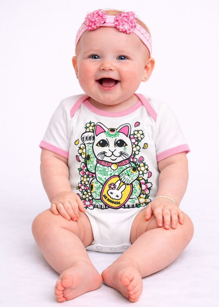Baby wearing a colorful onesie with a cartoon cat design on a white background