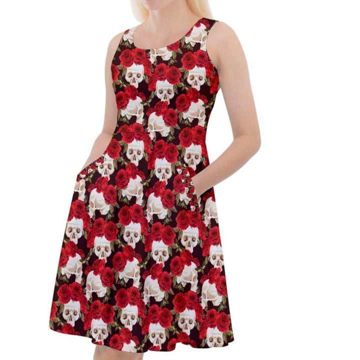 Skull and Roses Knee Length Skater Dress With Pockets