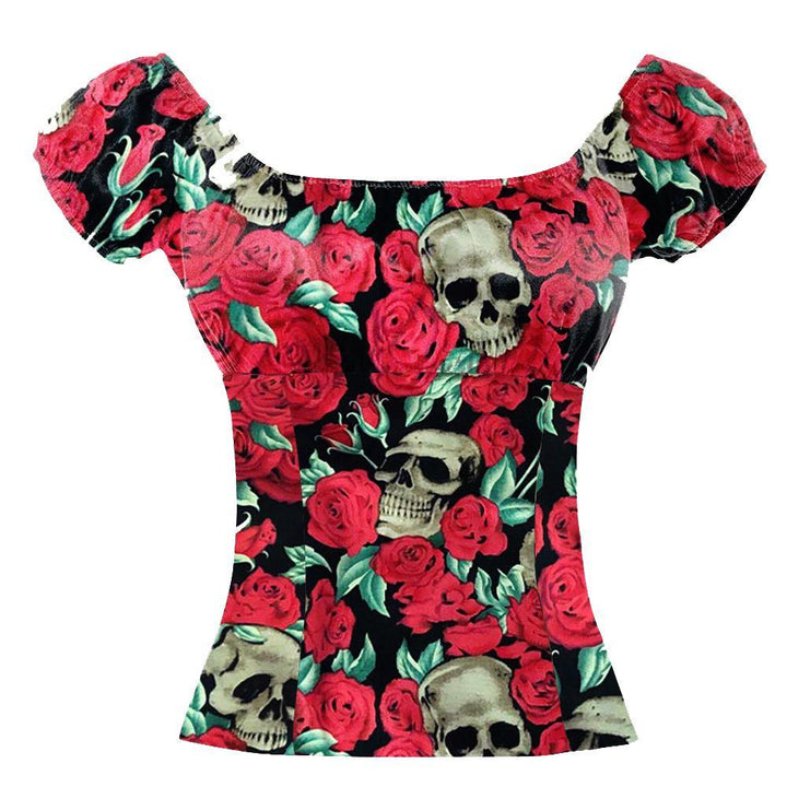 Skulls and Roses Peasant Style Top
