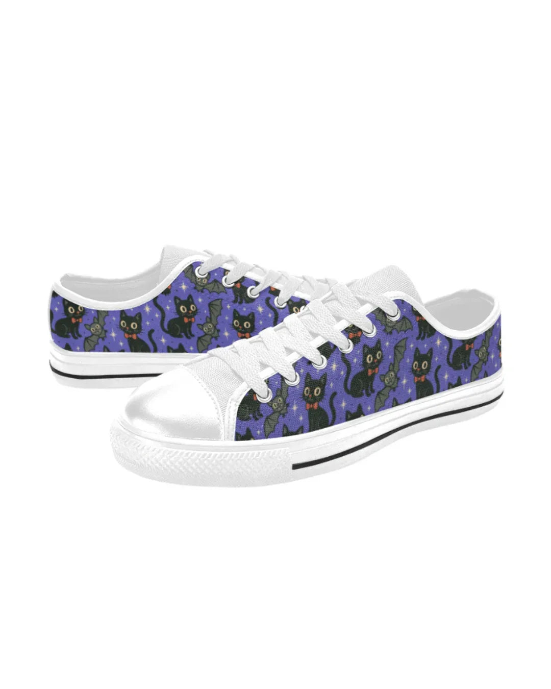 Spooky Cats n Bats Kids Sneakers featuring playful black cats and bats on a purple starry canvas background.
