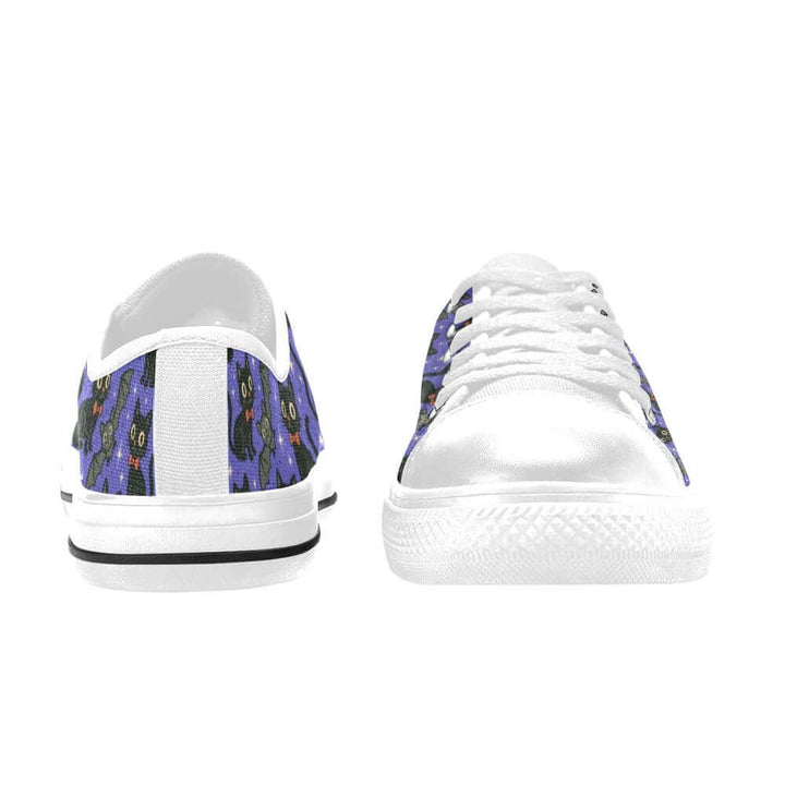 Spooky Cats n Bats Kids Sneakers featuring colorful cats and bats on a purple background, perfect for Halloween style.