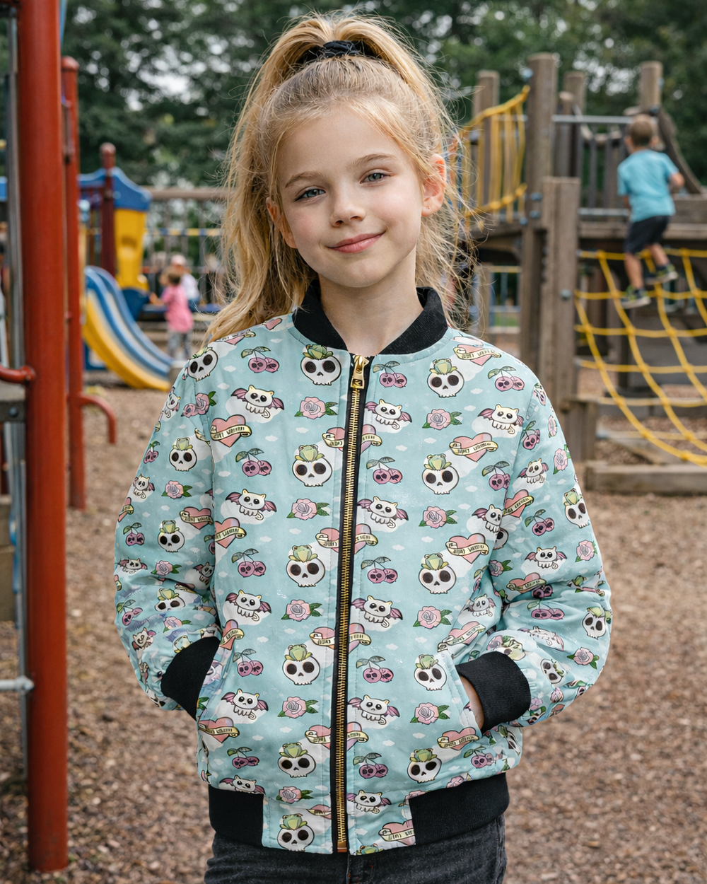 Girls Stay Weird kids bomber jacket with skull, cherry and bat print worn by child at playground