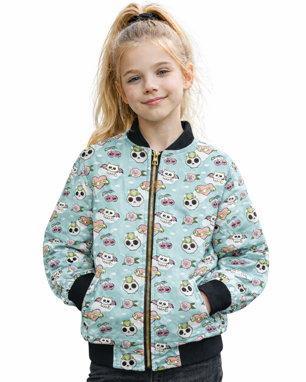 Cute girls bomber jacket with quirky skull and cherry print and pockets lightweight kids jacket