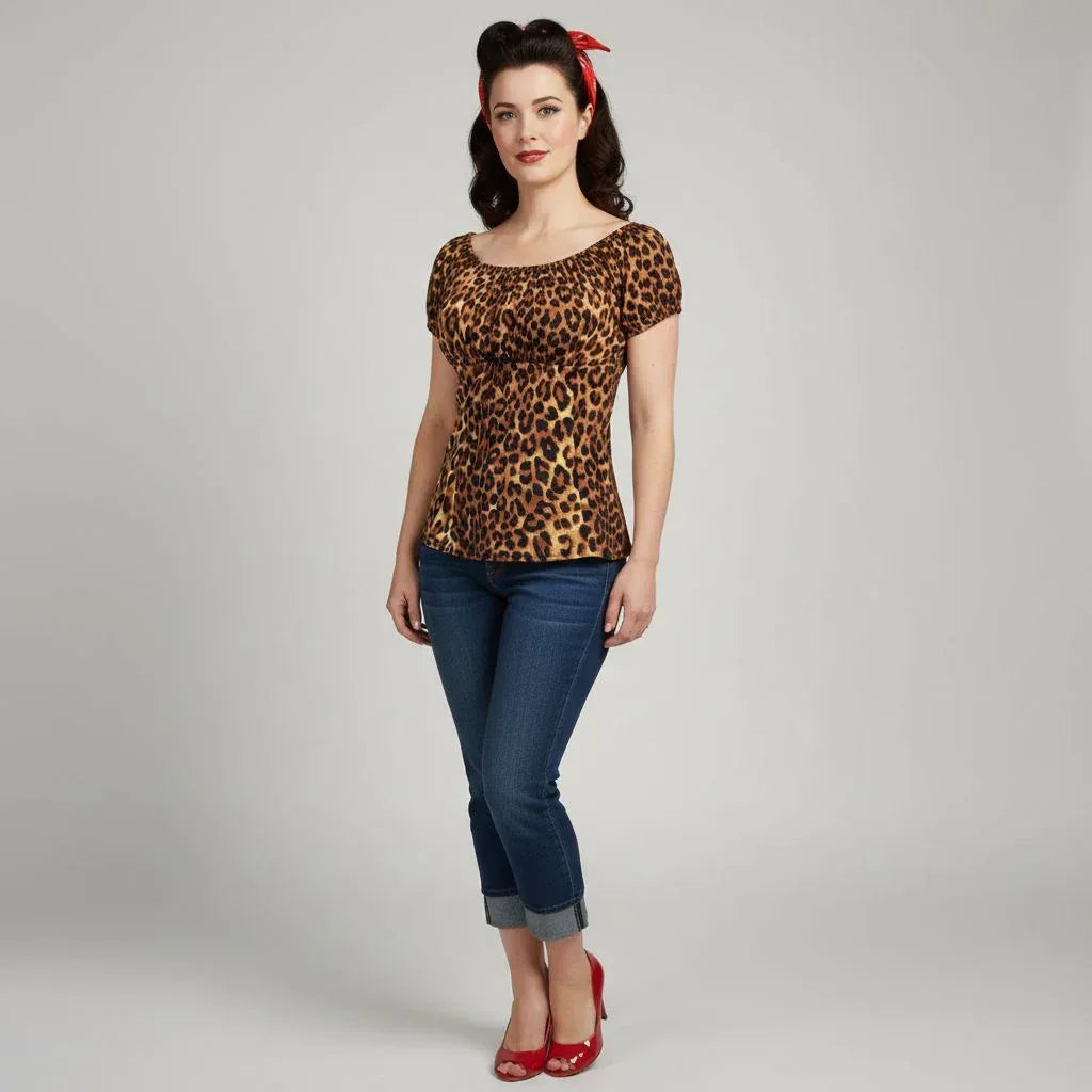 Leopard Peasant Top – Vintage Retro Boho Blouse