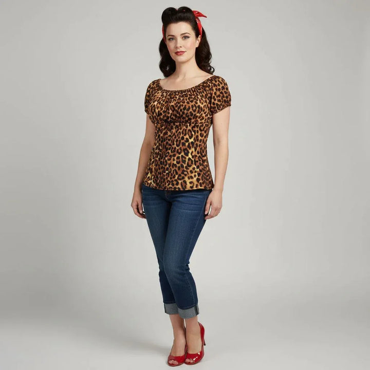 Leopard Peasant Top – Vintage Retro Boho Blouse