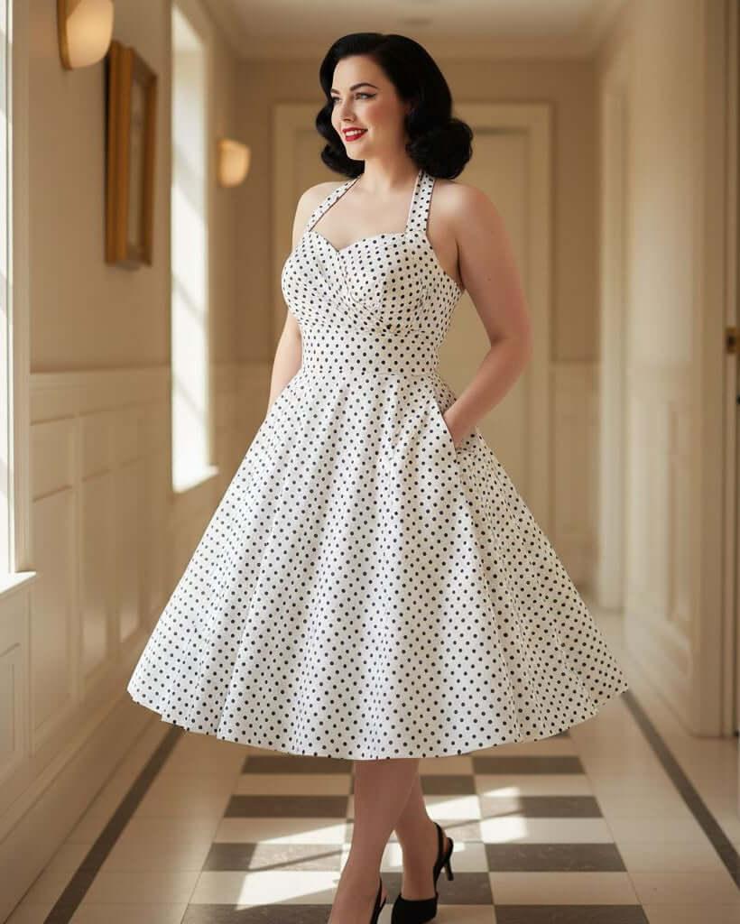 Model wearing a white and black polka dot halter dress styled in a classic 1950s pin-up look
