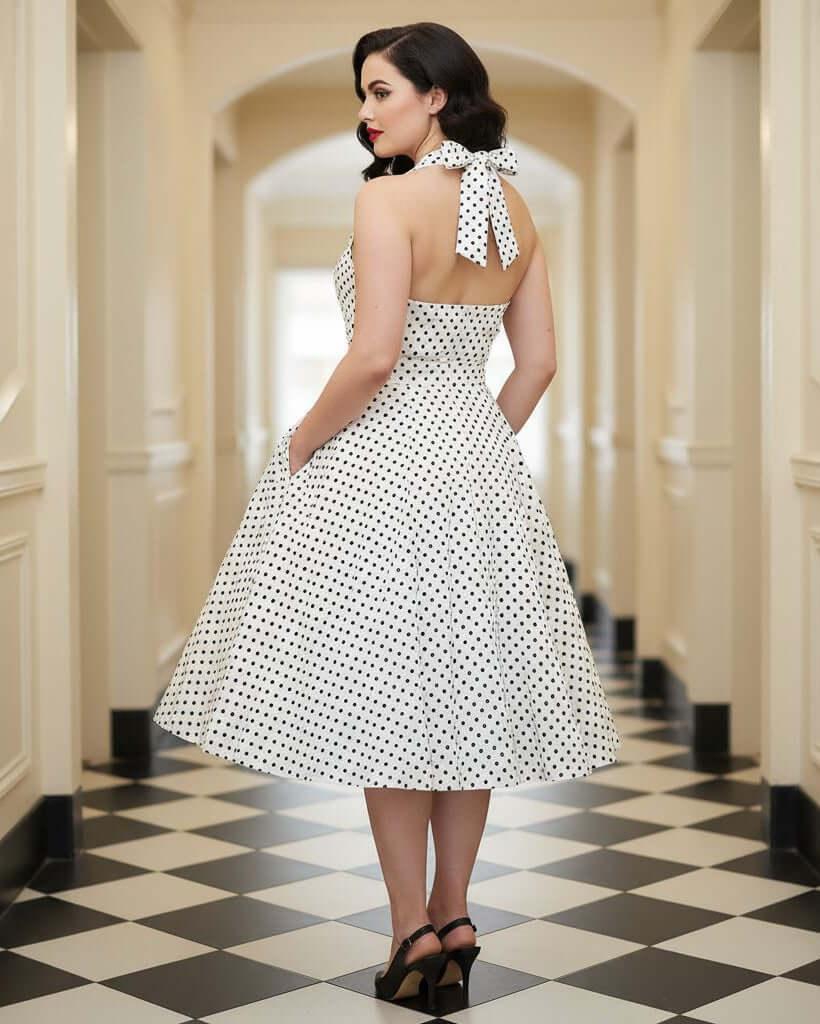 Close-up of white polka dot halter dress showing wrap bust, fitted waist and flared skirt
