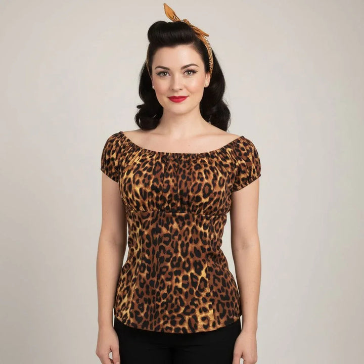 Leopard Peasant Top – Vintage Retro Boho Blouse
