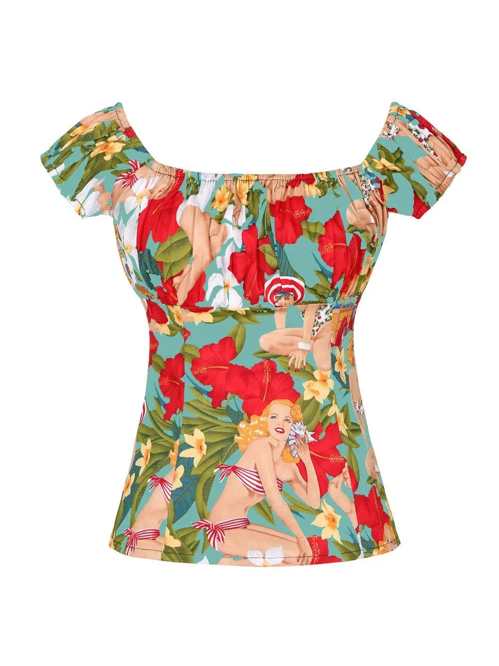 Tropical Pinups Blue Peasant Style Top