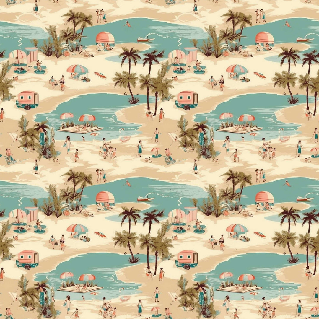 Vintage Vacation High Waist Bikini pattern featuring retro beach scenes with palm trees, surfboards, and sunbathers.