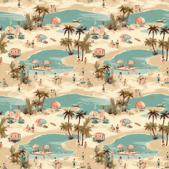 Vintage Vacation High Waist Bikini pattern featuring retro beach scenes with palm trees, surfboards, and sunbathers.