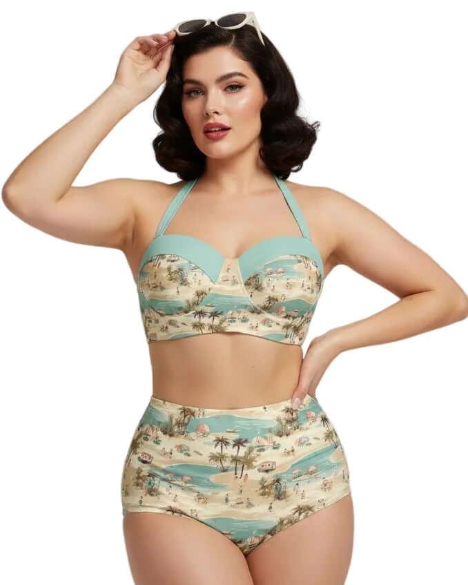 Vintage Vacation High Waist Bikini worn by a model, showcasing a retro 1950s beach style with tropical patterns.
