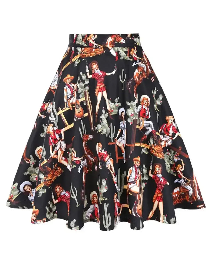 Western cowgirl flared skirt in black with unique western print, featuring knee-length A-line silhouette and cotton-spandex blend.