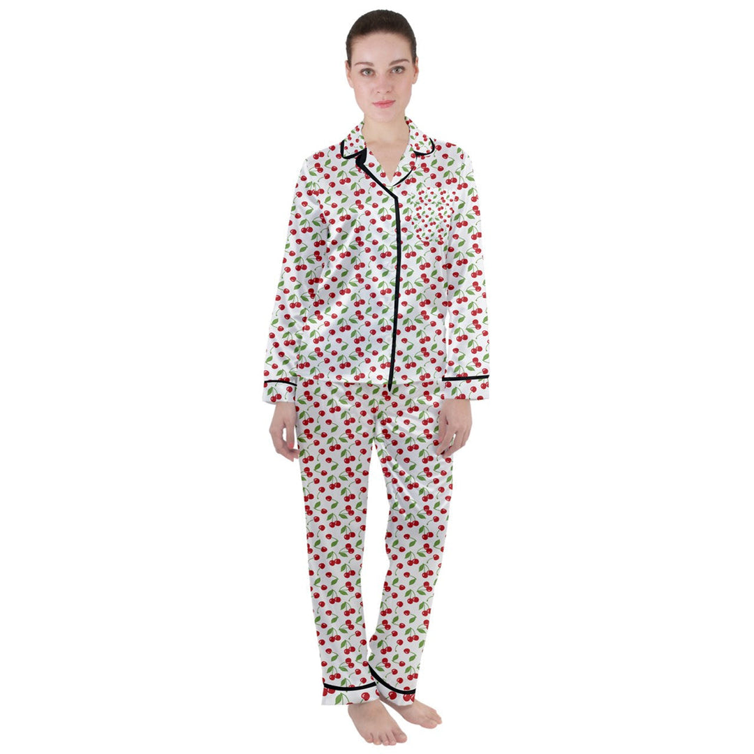 White Cherries Women's Long Sleeve Satin Pyjamas Set
