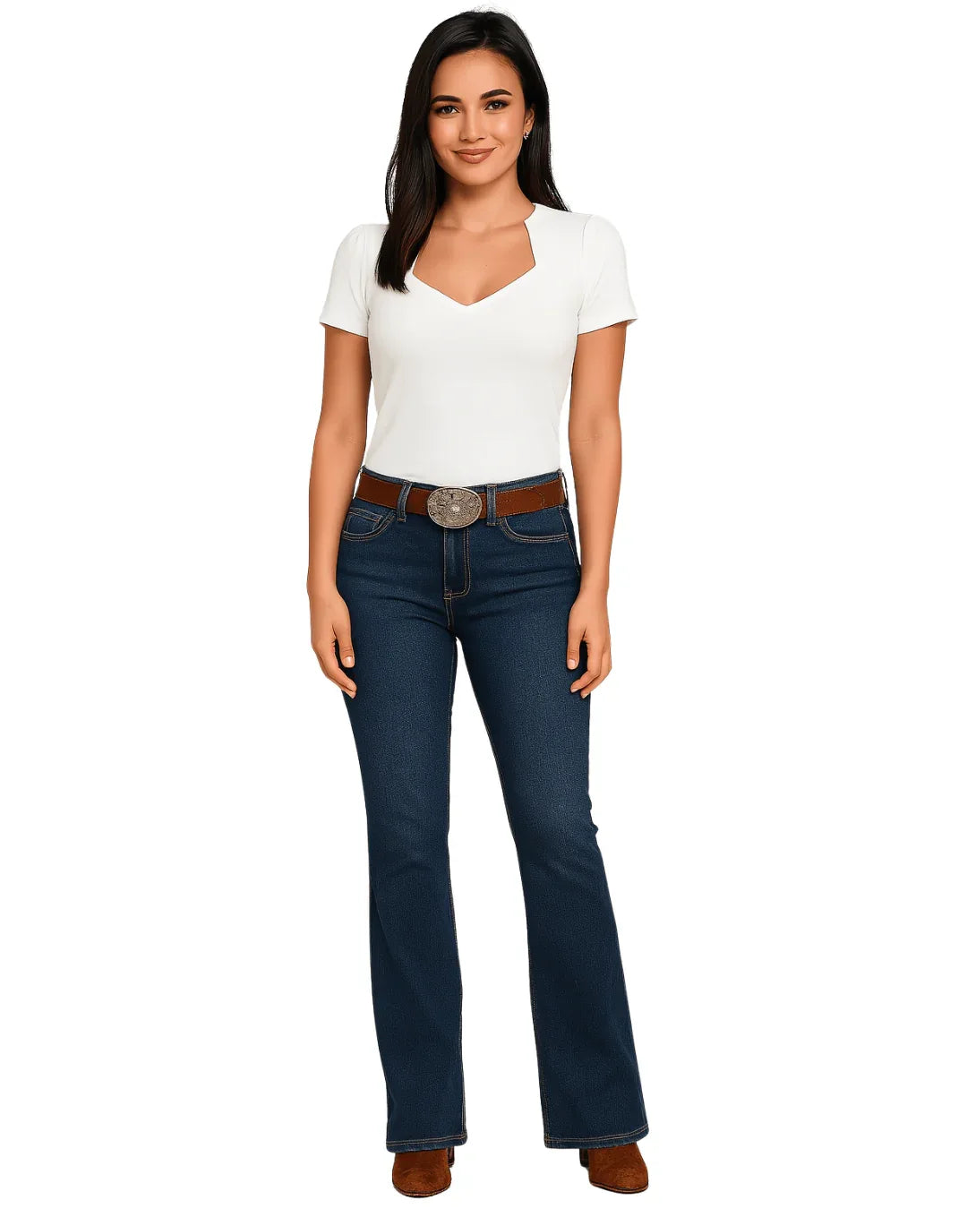 Woman wearing a white t-shirt and blue jeans on a white background