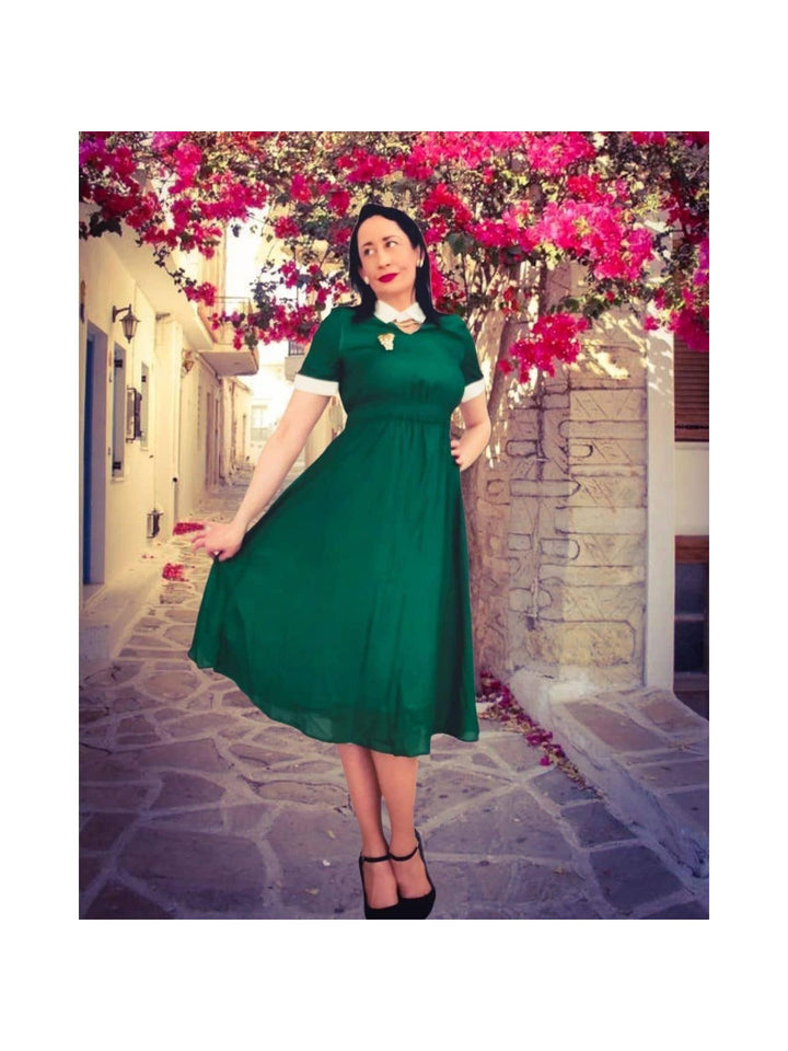 AVA 1940s Vintage Keyhole Neckline Dress Bottle Green