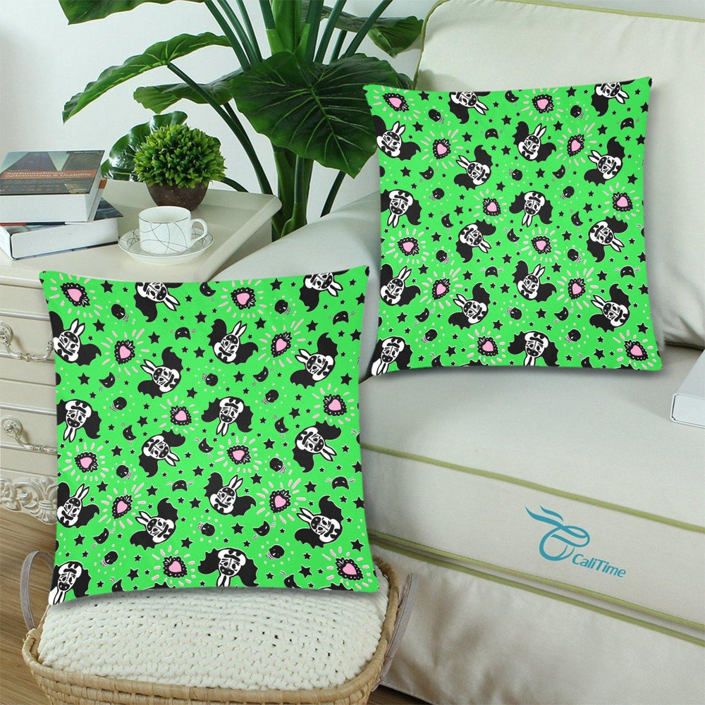 Bunny Bats Green Throw Pillow Cover 18"x 18" (Twin Sides) (Set of 2)
