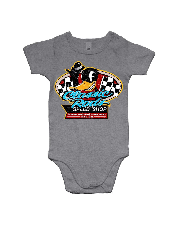 Classic rods speed shop baby romper – rockabilly hot rod baby onesie – rockabilly babies for kids Australia – back view