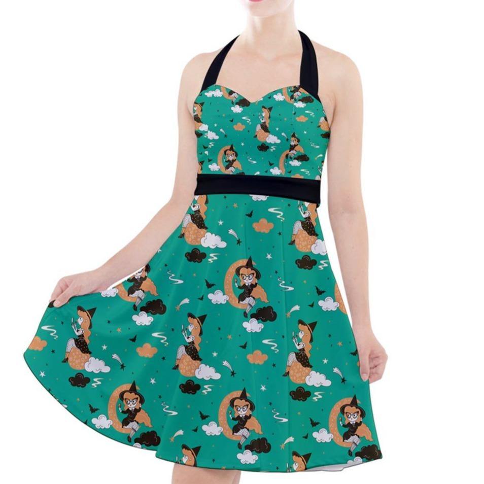 GREEN PIN UP WITCH Halter Party Swing Dress