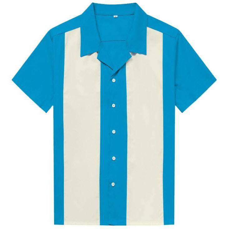 Mens Vintage Style Bowling Dress Shirt - BLUE/IVORY