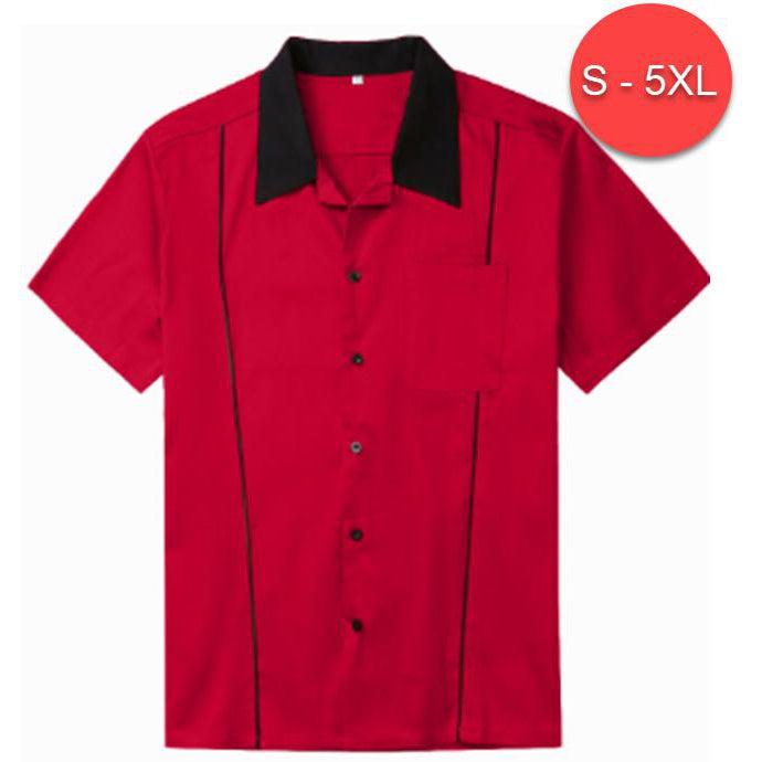 Mens Vintage Style Bowling Dress Shirt - RED WITH BLACK PIPING