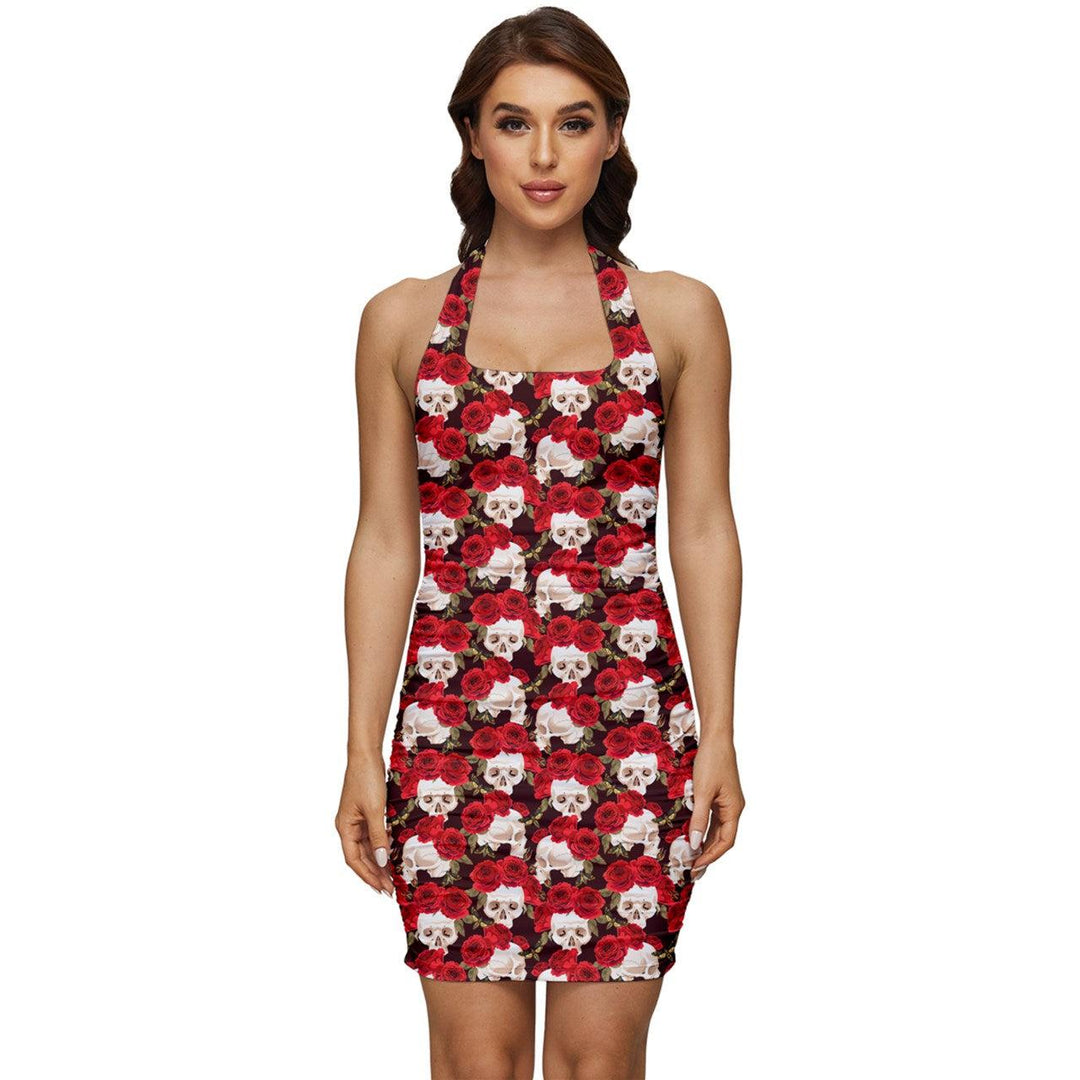 Red Roses and Skulls Ruched Halter Dress